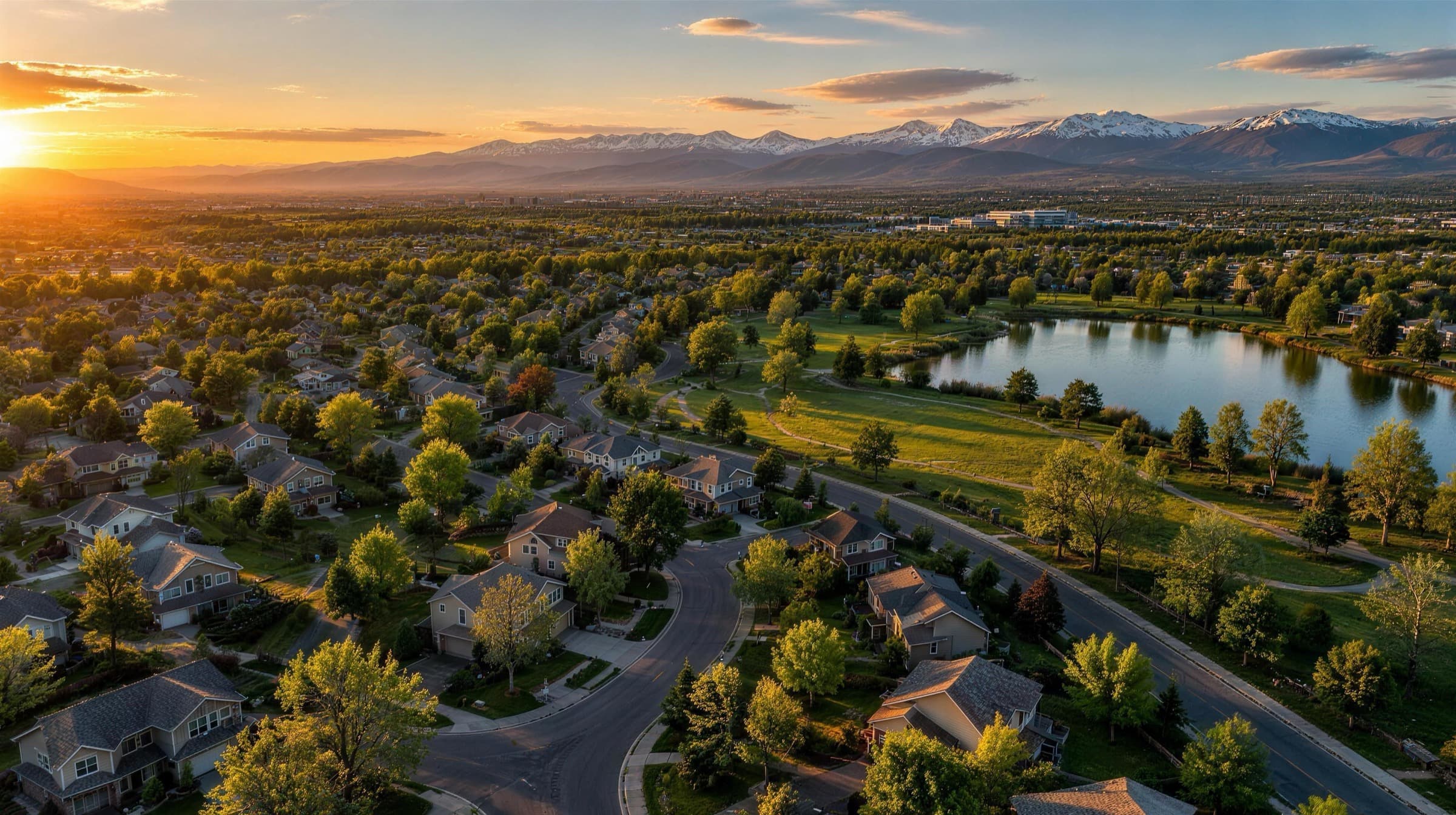Aerial view of a Denver-metro suburb at sunset with the mountains on the horizon