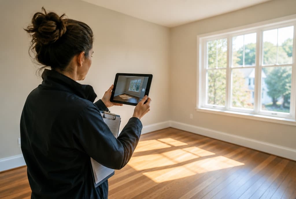 Inspector photographing an empty room with a tablet during a move-in inspection