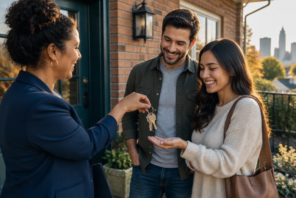 Property manager handing keys to a couple at the door of their new Denver rental