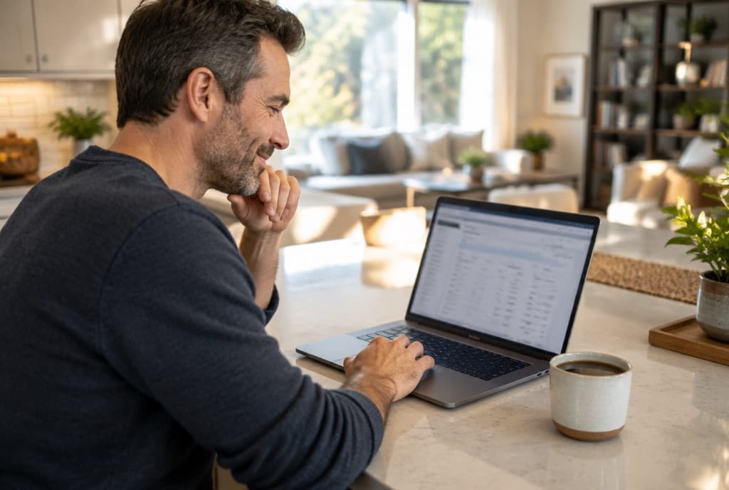 Owner reviewing a monthly statement on a laptop at home