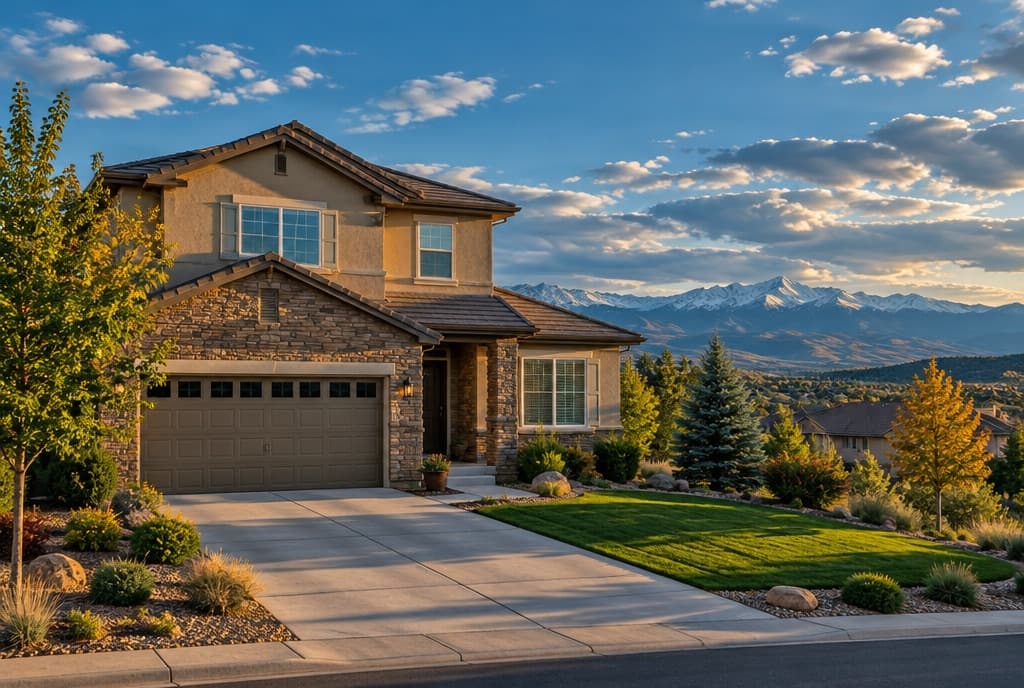 Two-story suburban home in Highlands Ranch with the Rockies in the distance